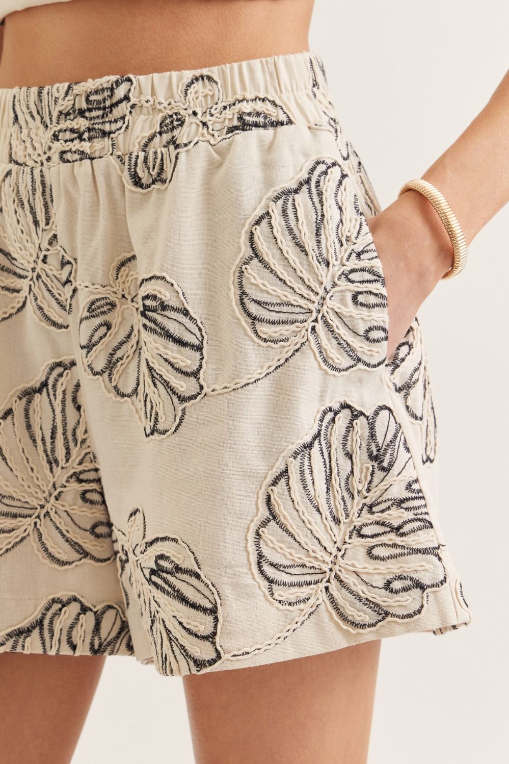 LEAF EMBROIDERED SHORTS--LINEN/BLACK