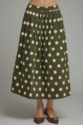 POLKA DOT MIDI SKIRT WITH ELASTIC BACK WAISTBAND--OLIVE