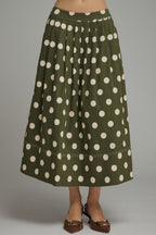 POLKA DOT MIDI SKIRT WITH ELASTIC BACK WAISTBAND--OLIVE