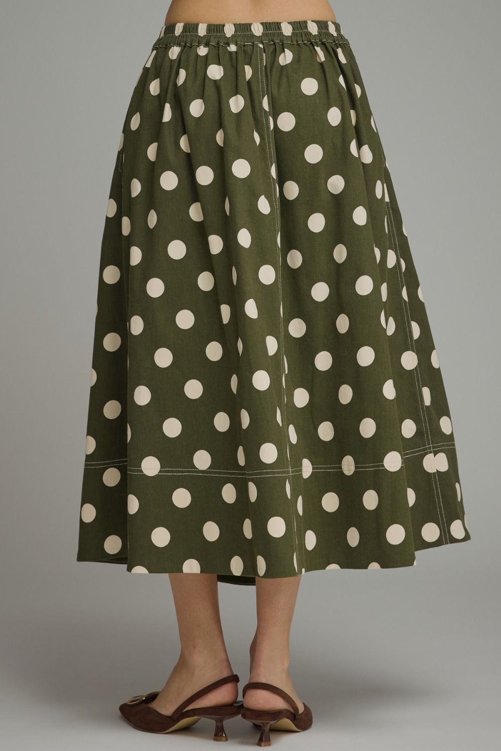 POLKA DOT MIDI SKIRT WITH ELASTIC BACK WAISTBAND--OLIVE