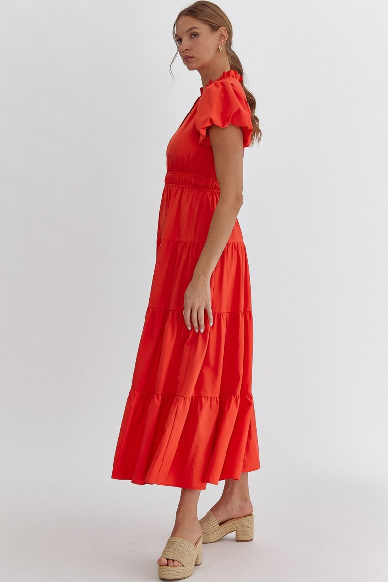 BUBBLE SLEEVE MIDI/MAXI DRESS--RED