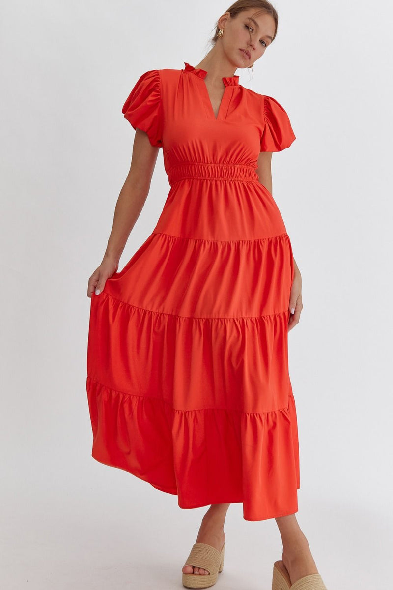 BUBBLE SLEEVE MIDI/MAXI DRESS--RED