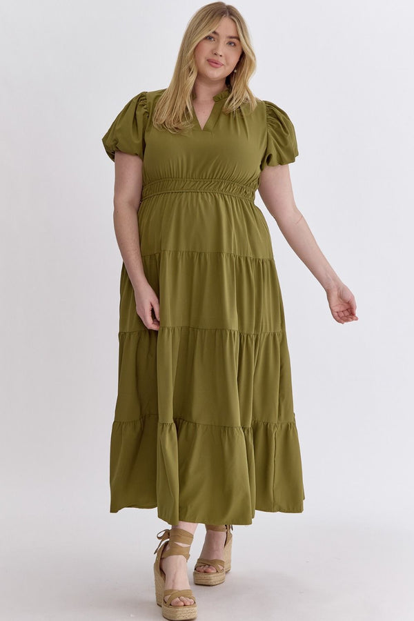 CURVY TIERED MIDI DRESS--MARTINI OLIVE