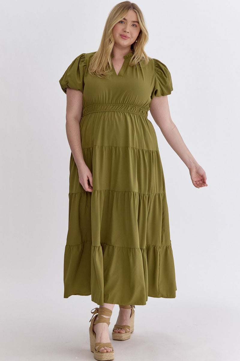 CURVY TIERED MIDI DRESS--MARTINI OLIVE