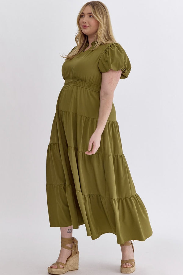 CURVY TIERED MIDI DRESS--MARTINI OLIVE