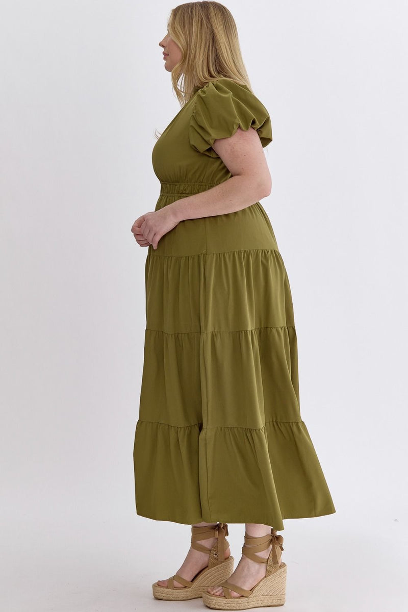 CURVY TIERED MIDI DRESS--MARTINI OLIVE