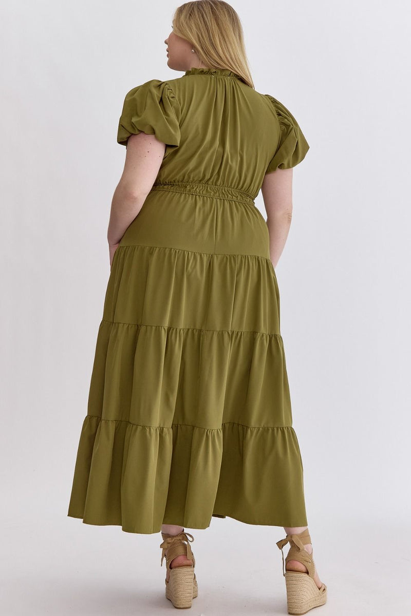 CURVY TIERED MIDI DRESS--MARTINI OLIVE