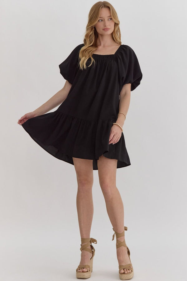 CURVY TEXTURED SQUARE NECK DRESS--BLACK