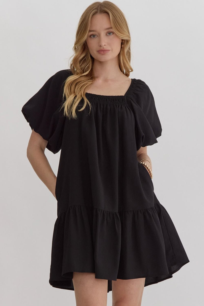 CURVY TEXTURED SQUARE NECK DRESS--BLACK