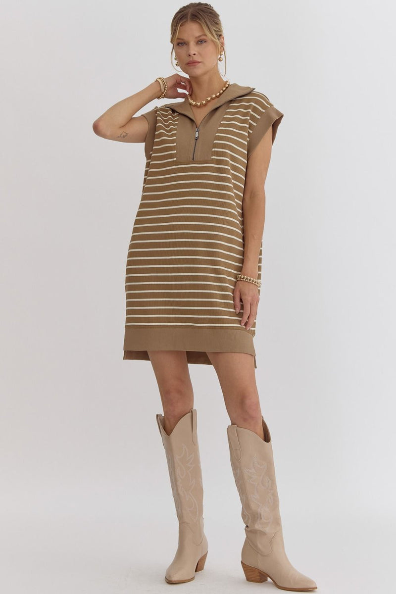 STRIPE CAP SLEEVE DRESS--OLIVE BROWN