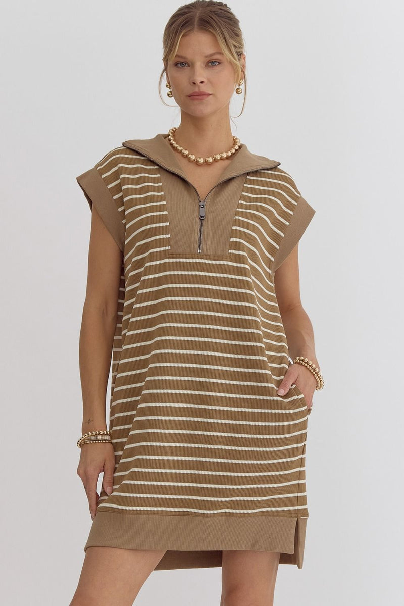 STRIPE CAP SLEEVE DRESS--OLIVE BROWN