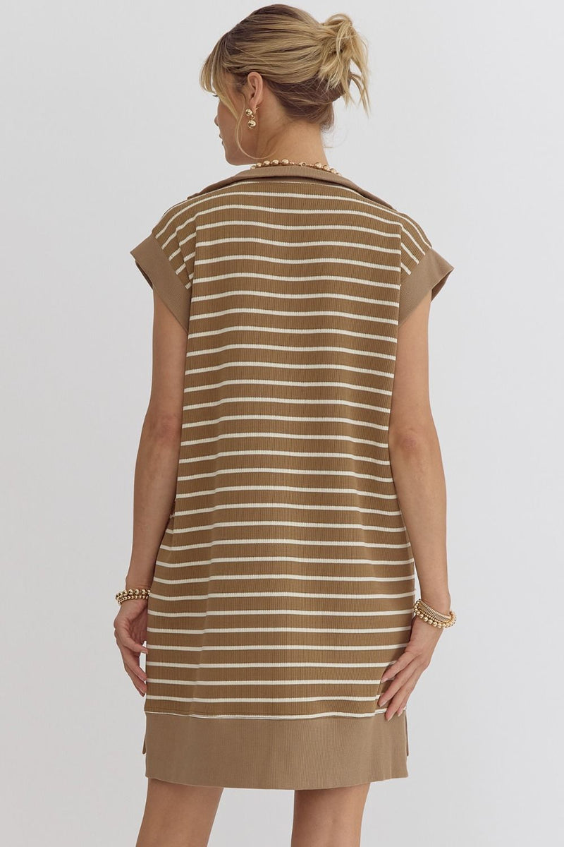 STRIPE CAP SLEEVE DRESS--OLIVE BROWN