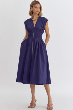 LOOK MY WAY ZIP UP MIDI DRESS--NAVY