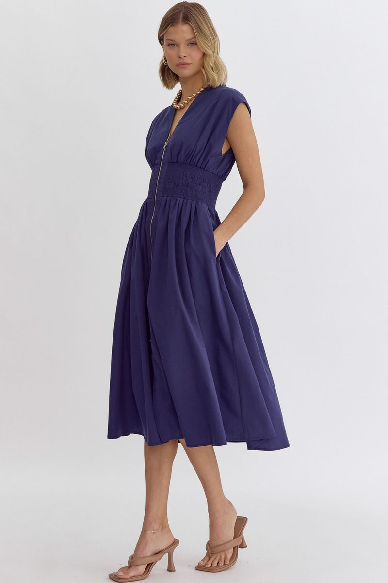 LOOK MY WAY ZIP UP MIDI DRESS--NAVY