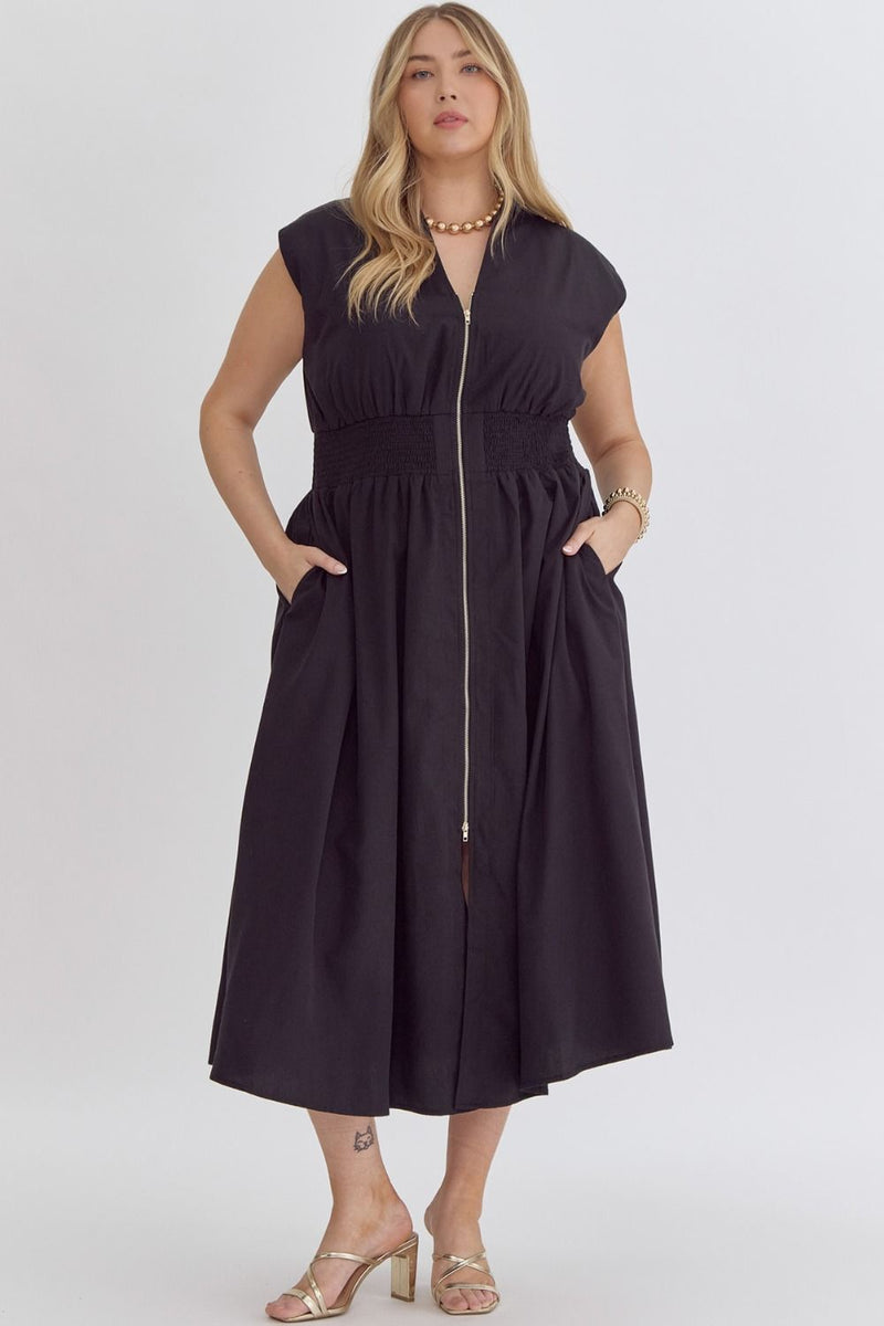 CURVY SLEEVELESS ZIP MIDI DRESS--BLACK