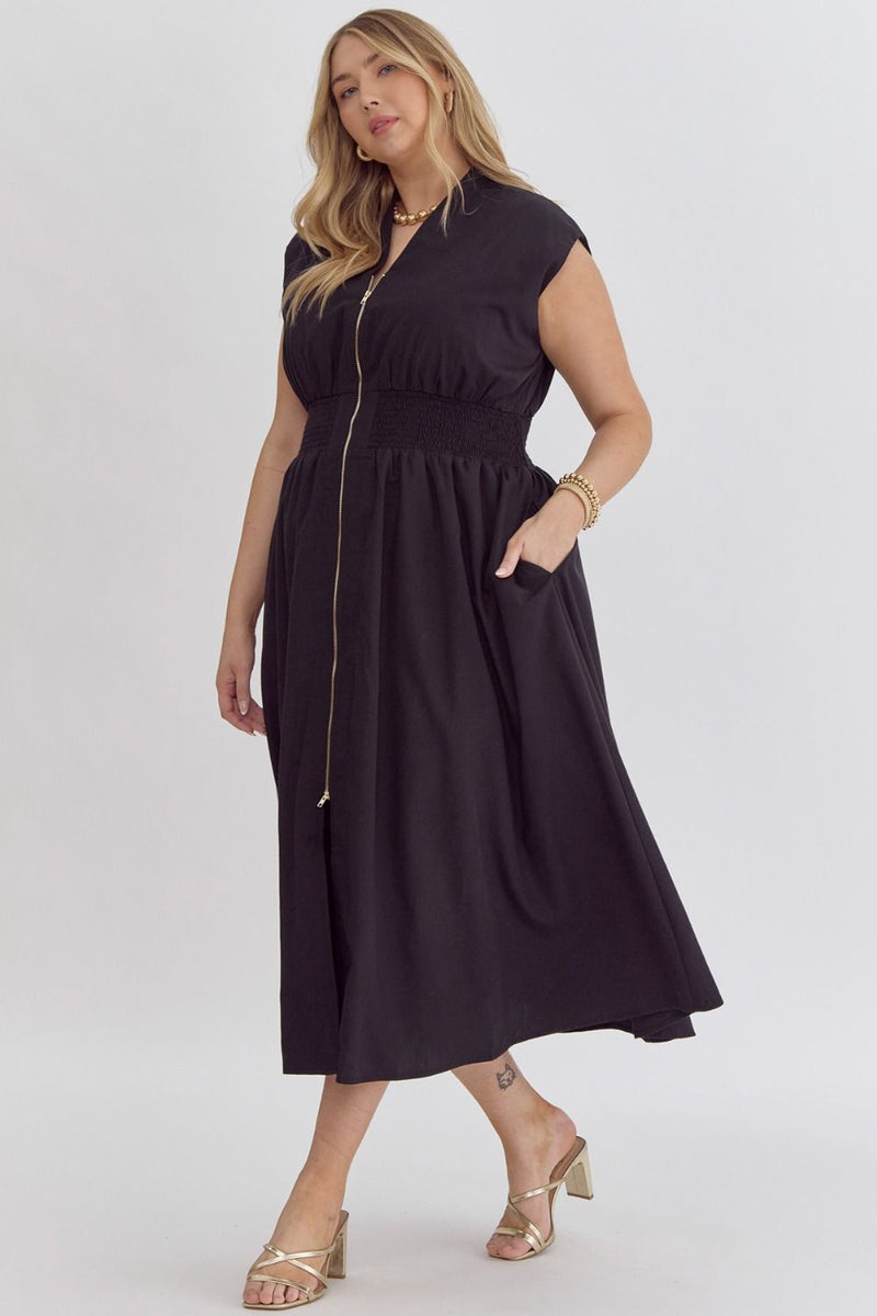 CURVY SLEEVELESS ZIP MIDI DRESS--BLACK