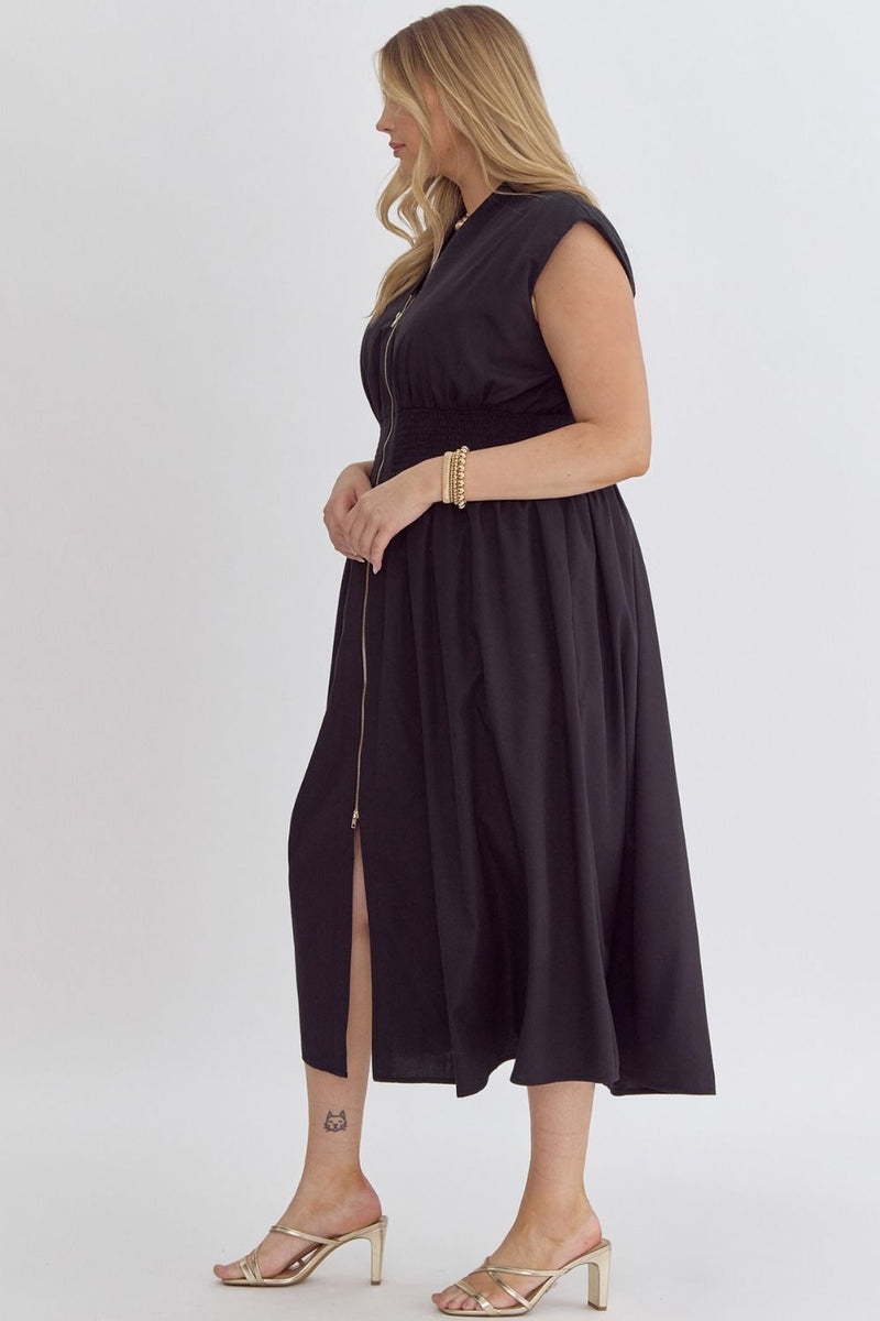 CURVY SLEEVELESS ZIP MIDI DRESS--BLACK