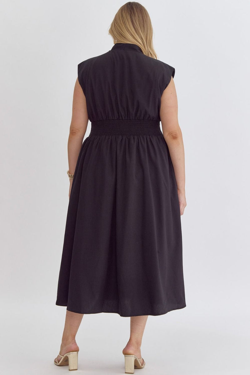 CURVY SLEEVELESS ZIP MIDI DRESS--BLACK