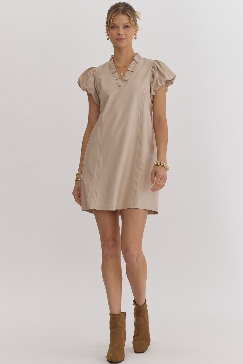 FAUX LEATHER V-NECK DRESS--ECRU