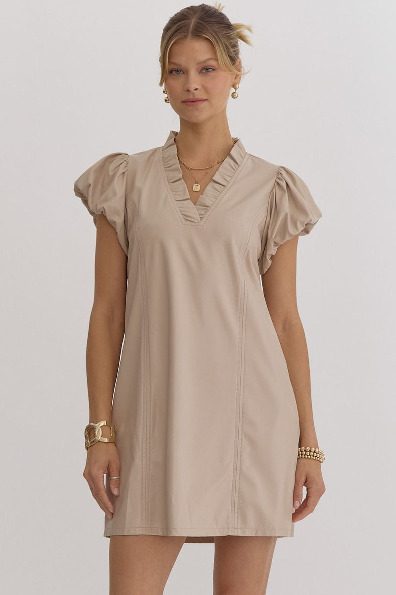 FAUX LEATHER V-NECK DRESS--ECRU