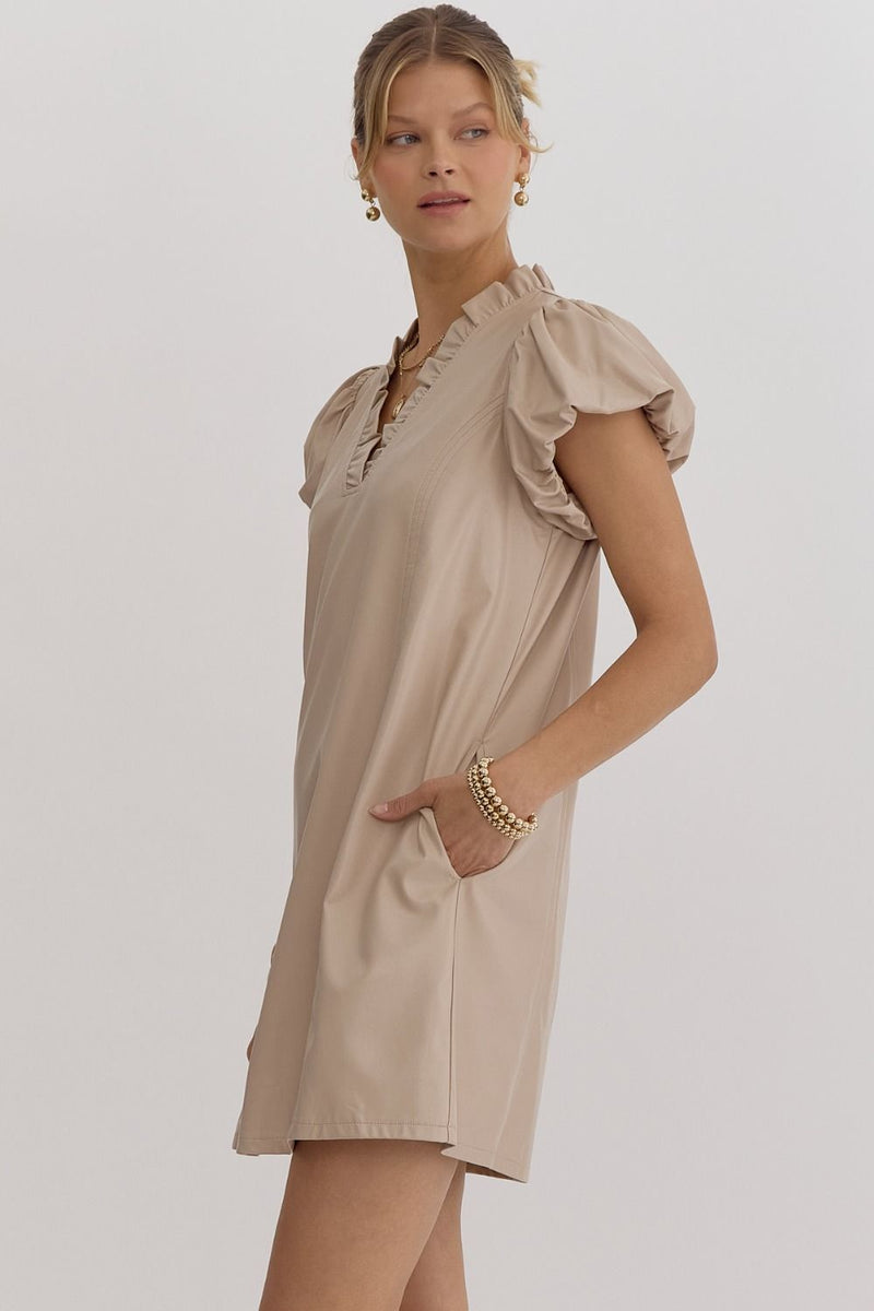 FAUX LEATHER V-NECK DRESS--ECRU