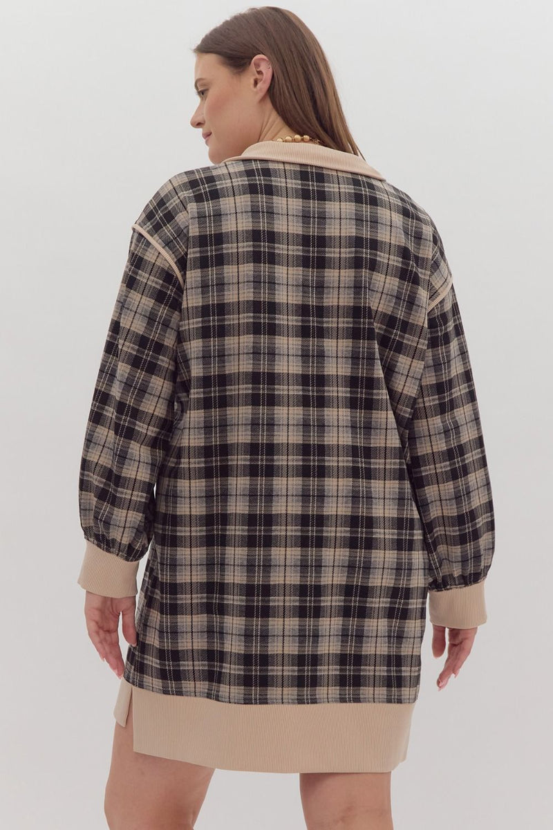 CURVY WALK IN THE WOODS PLAID DRESS--BLACK