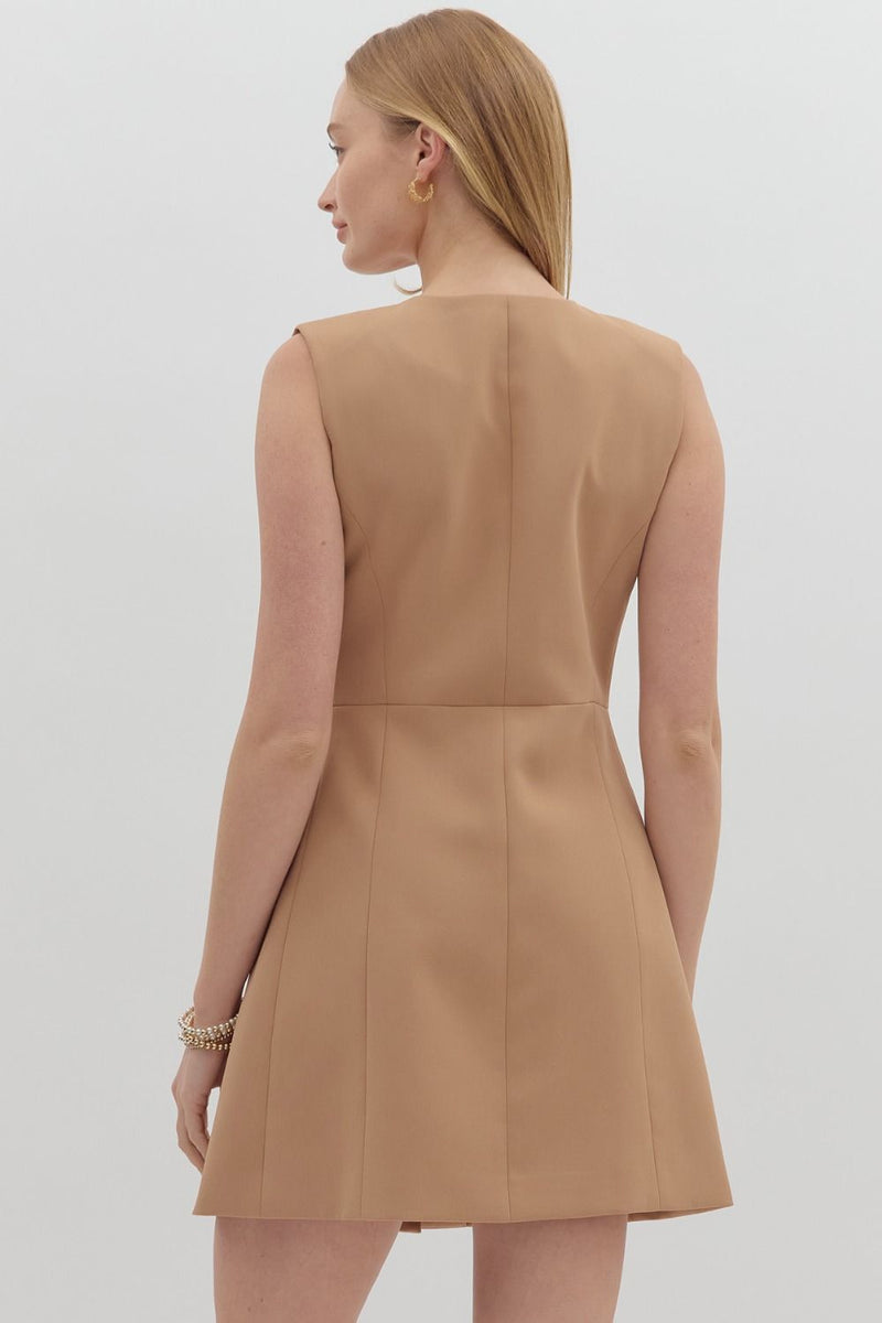 SLEEVELESS BUTTON DOWN DRESS--CAMEL