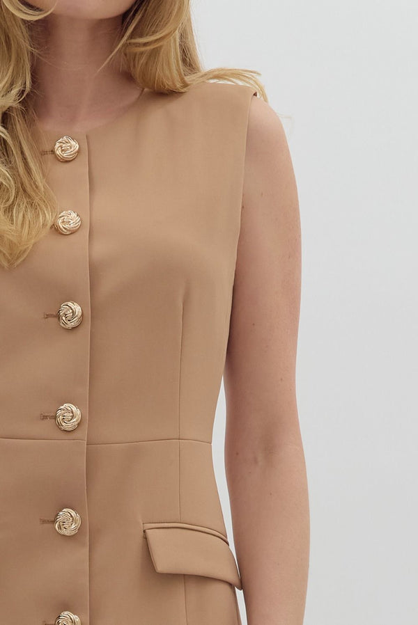 SLEEVELESS BUTTON DOWN DRESS--CAMEL