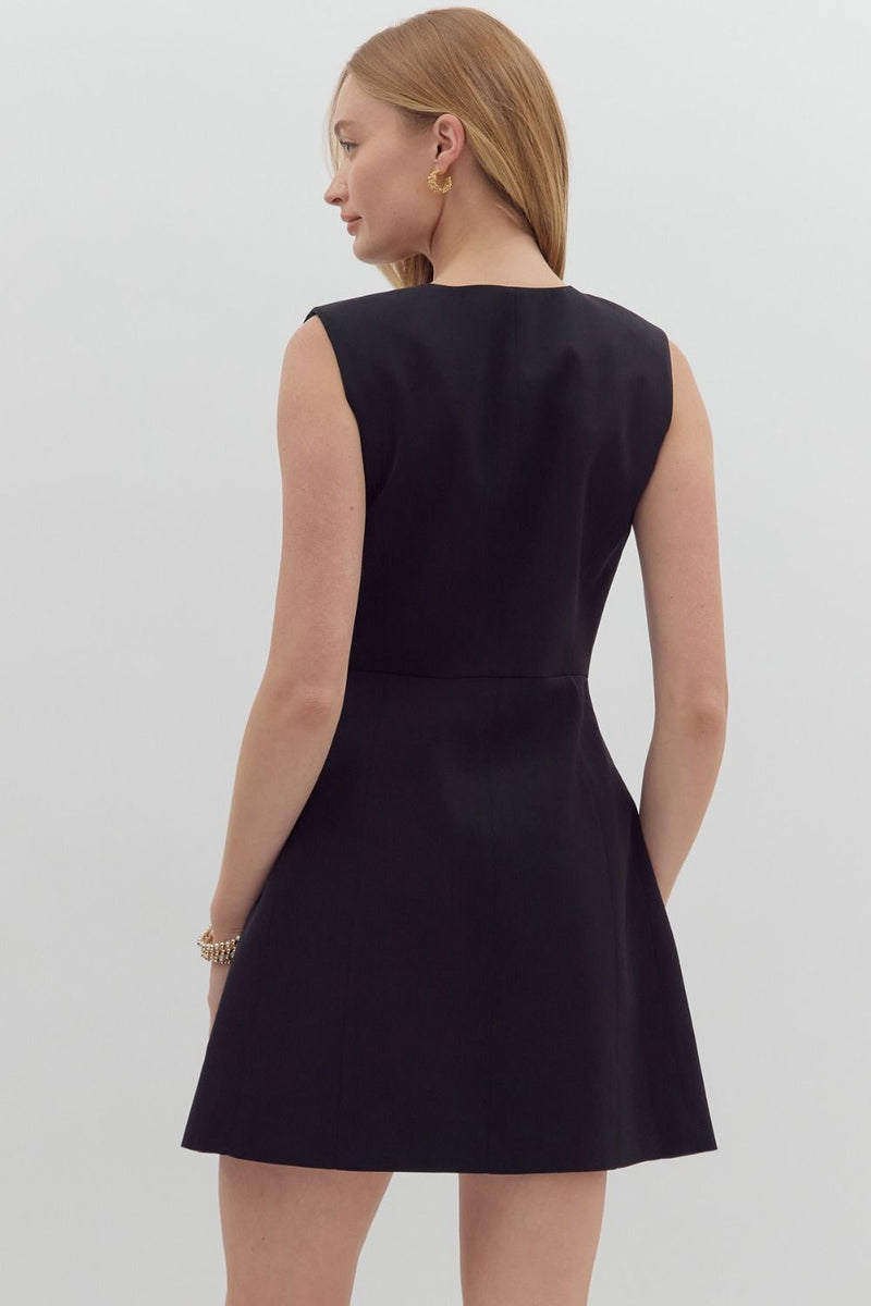 SLEEVELESS BUTTON DOWN DRESS--BLACK