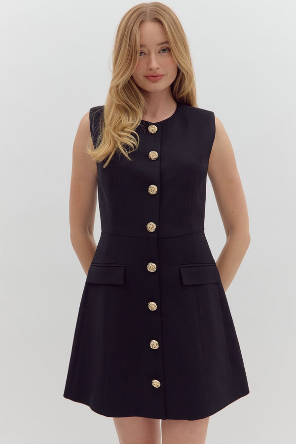SLEEVELESS BUTTON DOWN DRESS--BLACK