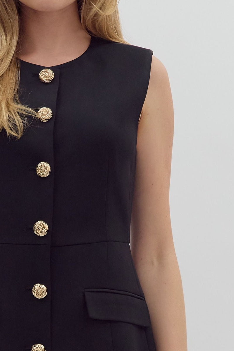 SLEEVELESS BUTTON DOWN DRESS--BLACK