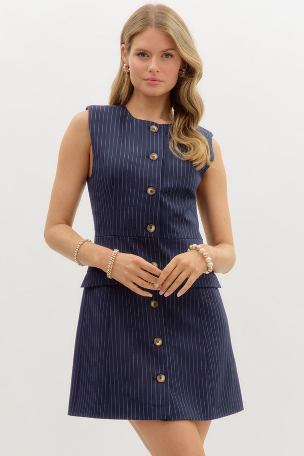 STRIPE SLEEVELESS MINI DRESS--NAVY