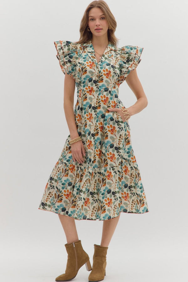 FALL BOTANICAL PLEATED MIDI DRESS--ECRU