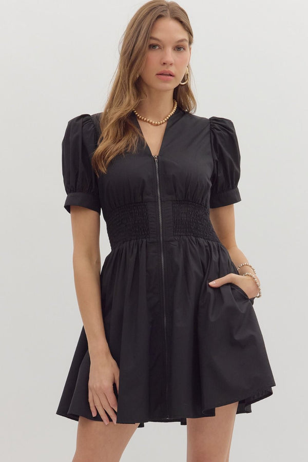 SHORT PUFF SLEEVE WITH FRONT ZIP DRESS