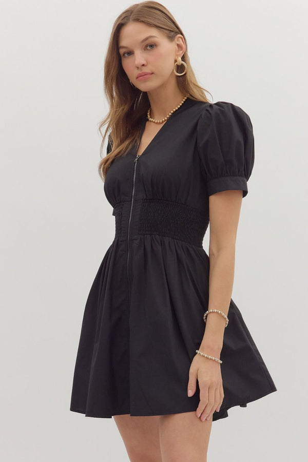 SHORT PUFF SLEEVE WITH FRONT ZIP DRESS
