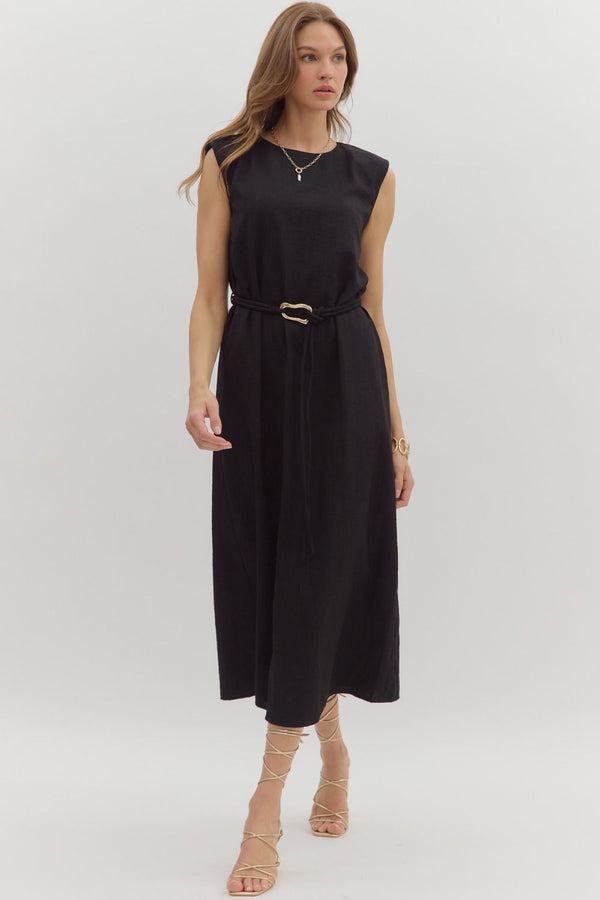 SLEEVELESS BELTED MIDI DRESS--BLACK
