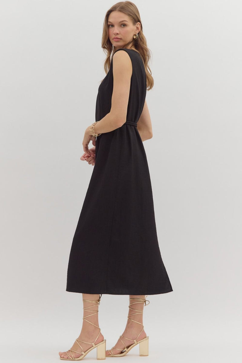 SLEEVELESS BELTED MIDI DRESS--BLACK