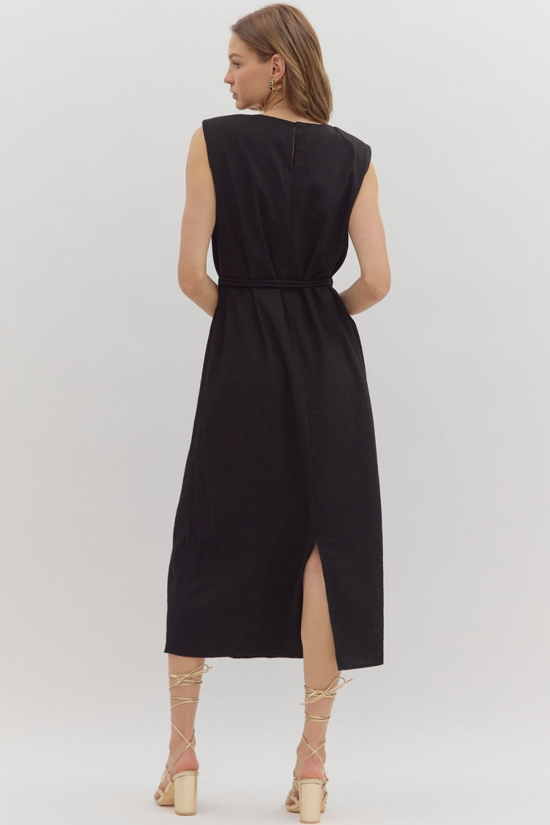 SLEEVELESS BELTED MIDI DRESS--BLACK