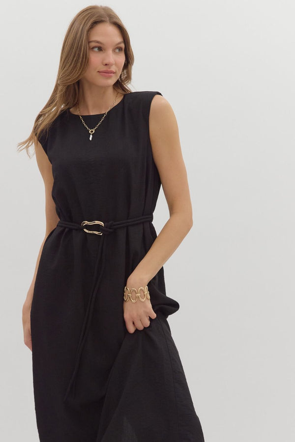 SLEEVELESS BELTED MIDI DRESS--BLACK