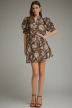 FLORAL PRINT MINI DRESS--BROWN