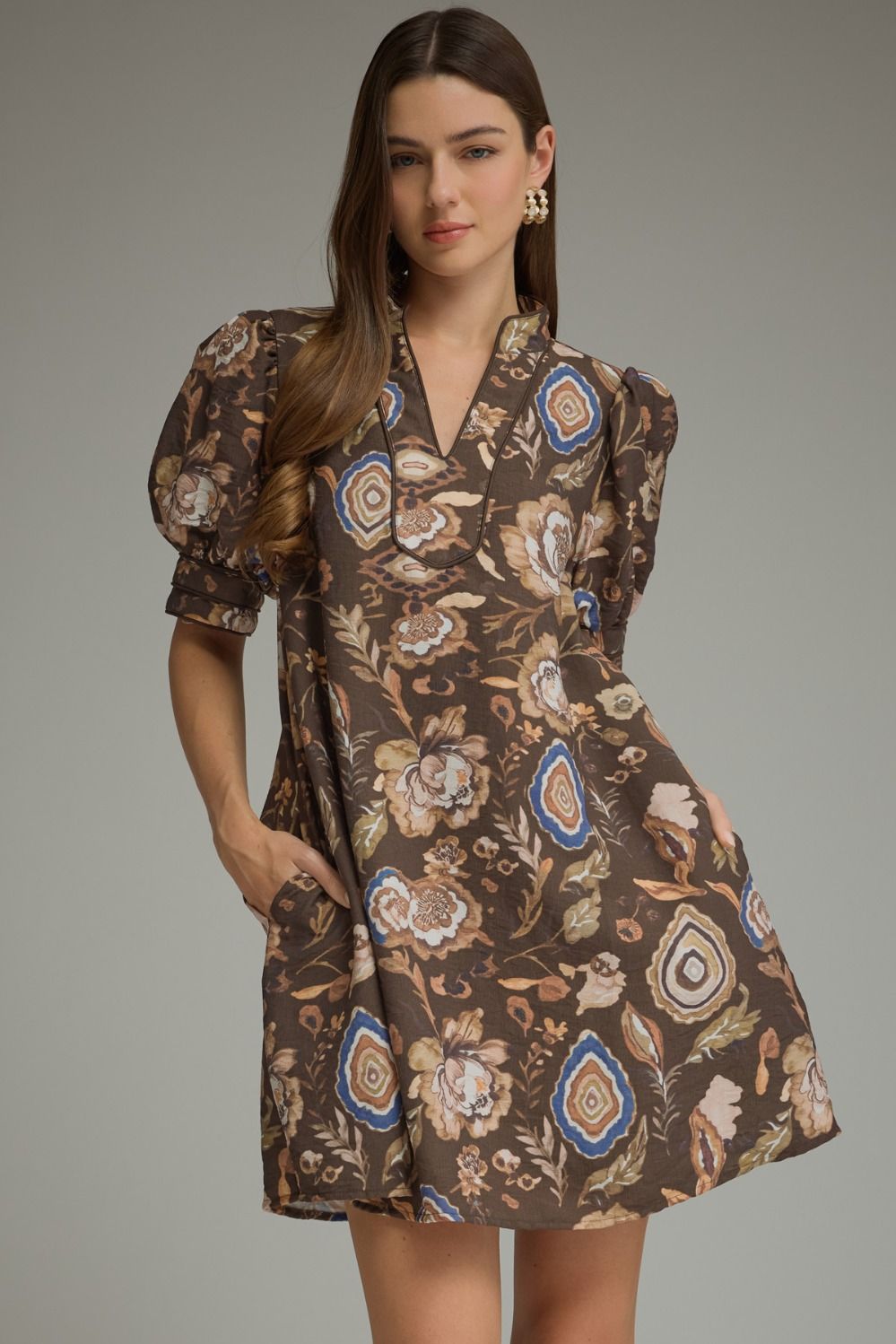 FLORAL PRINT MINI DRESS--BROWN