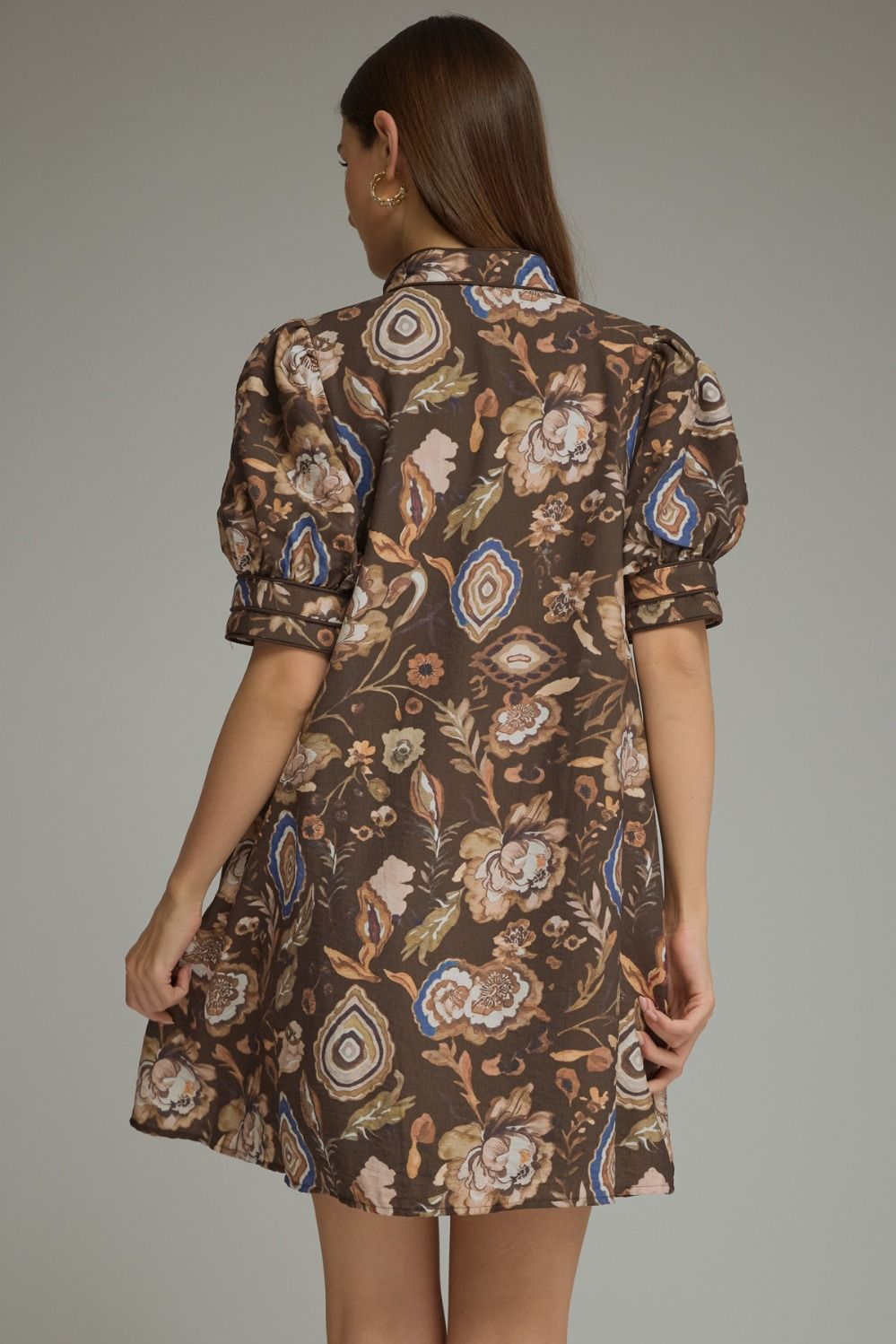 FLORAL PRINT MINI DRESS--BROWN