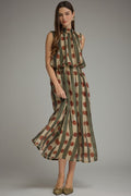 SLEEVELESS POLKA DOT ELASTIC WAIST DRESS--OLIVE/BURGUNDY