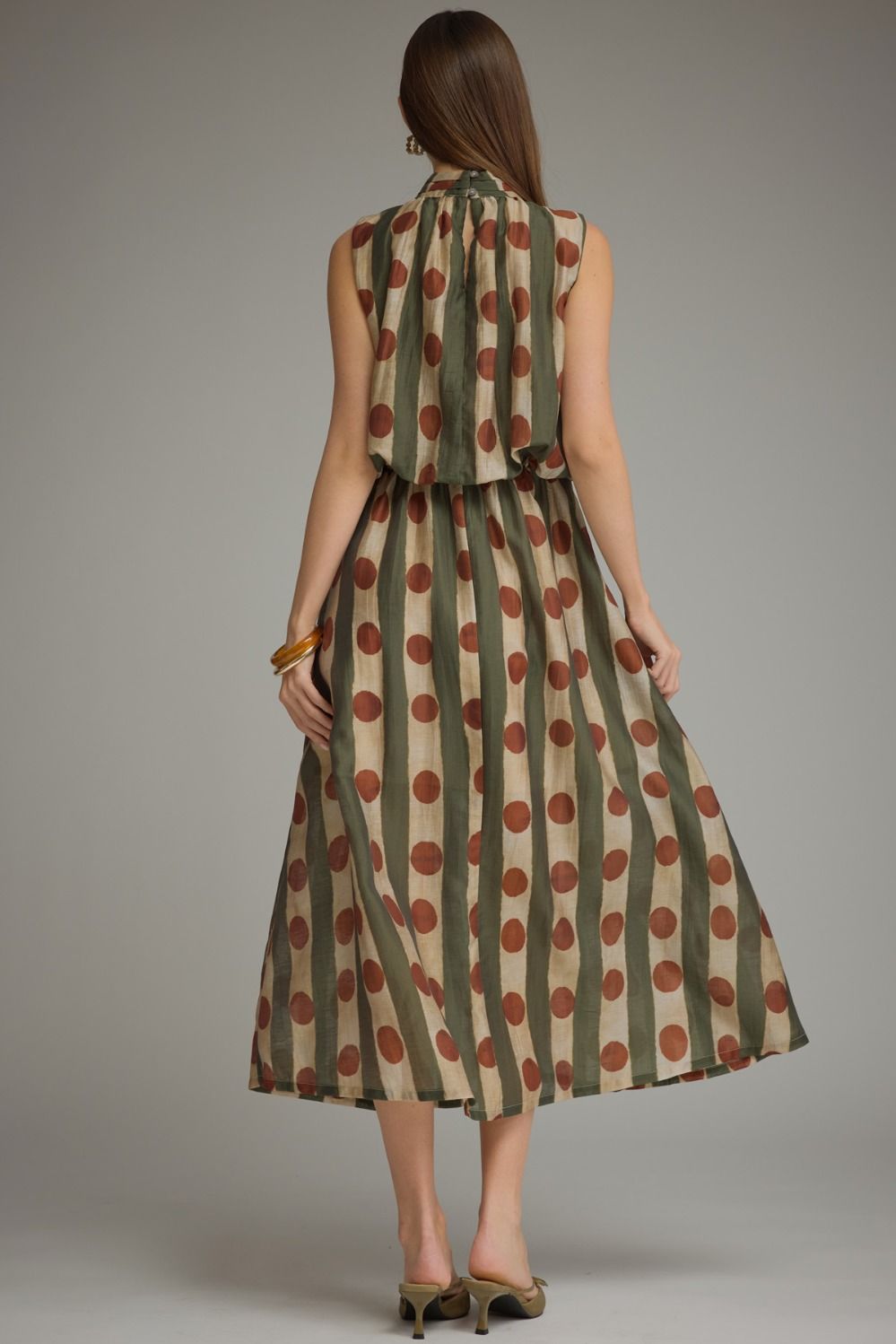 SLEEVELESS POLKA DOT ELASTIC WAIST DRESS--OLIVE/BURGUNDY
