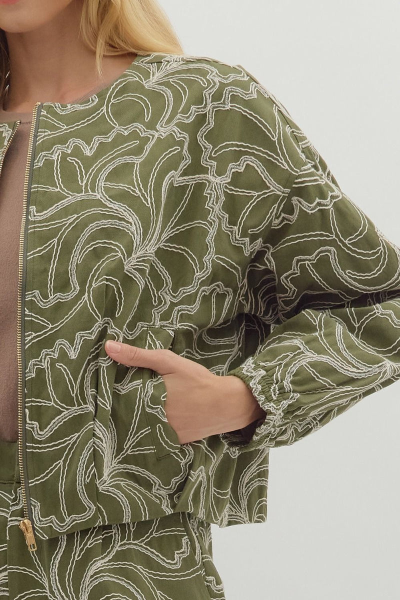 EMBROIDERED JACKET--OLIVE