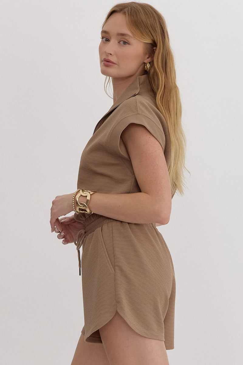 TEXTURED ZIP UP ROMPER--MOCHA