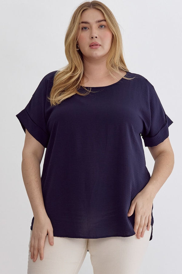 CURVY SCOOP NECK TOP--NAVY