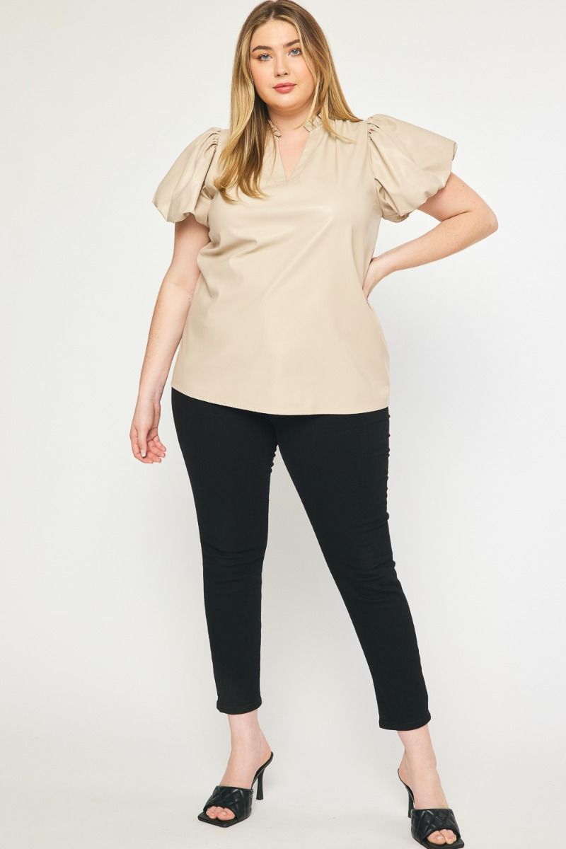 CURVY FAUX LEATHER V-NECK TOP--ALMOND