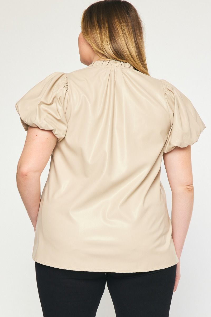 CURVY FAUX LEATHER V-NECK TOP--ALMOND