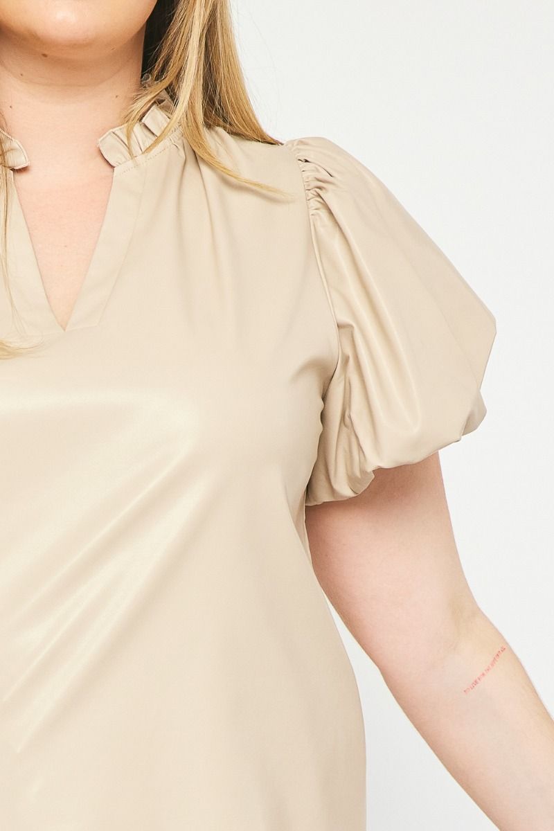 CURVY FAUX LEATHER V-NECK TOP--ALMOND